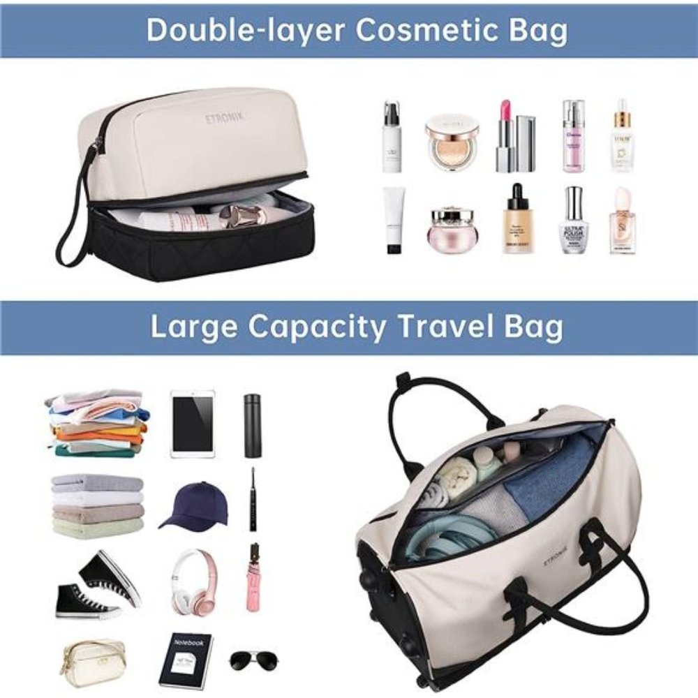 Women's Rolling Duffle Bag with Wheels and Bags Shoe Compartment, Beige, 21 Inch - Picture 2 of 7